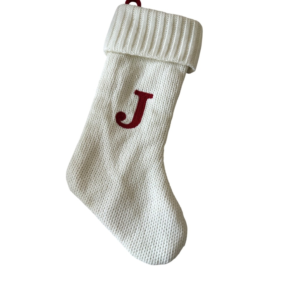 Wondershop Christmas Stocking White Red EUC Knit Monogram J